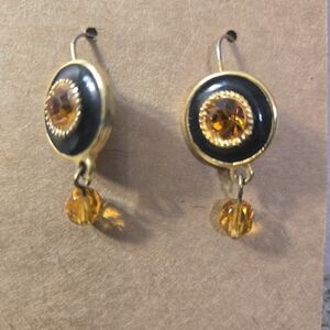 Vintage Gold and Jet Black Enamel Earrings with Amber/Topaz Colored  Gems